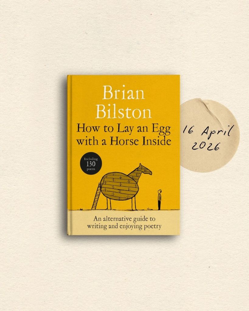A picture of my new book jacket, featuring a mildly perplexed man looking up at a giant horse with an egg shaped body.